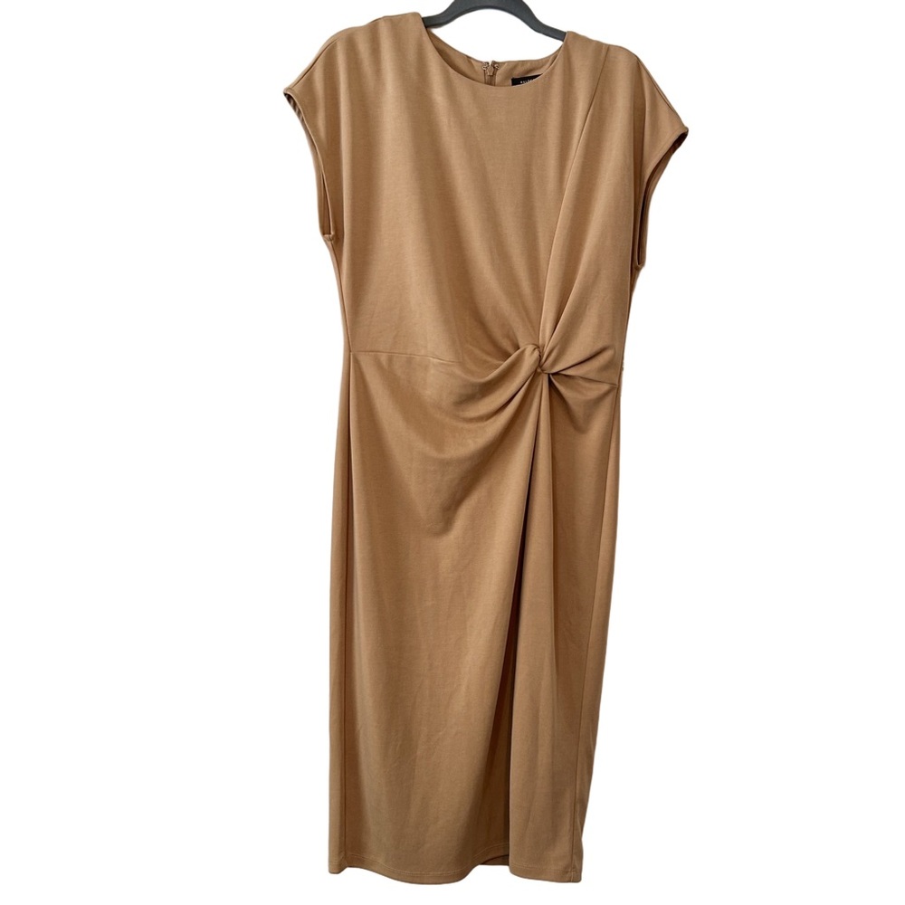 Halogen Twist Front Tan Knit Midi Sheath Dress Size Medium